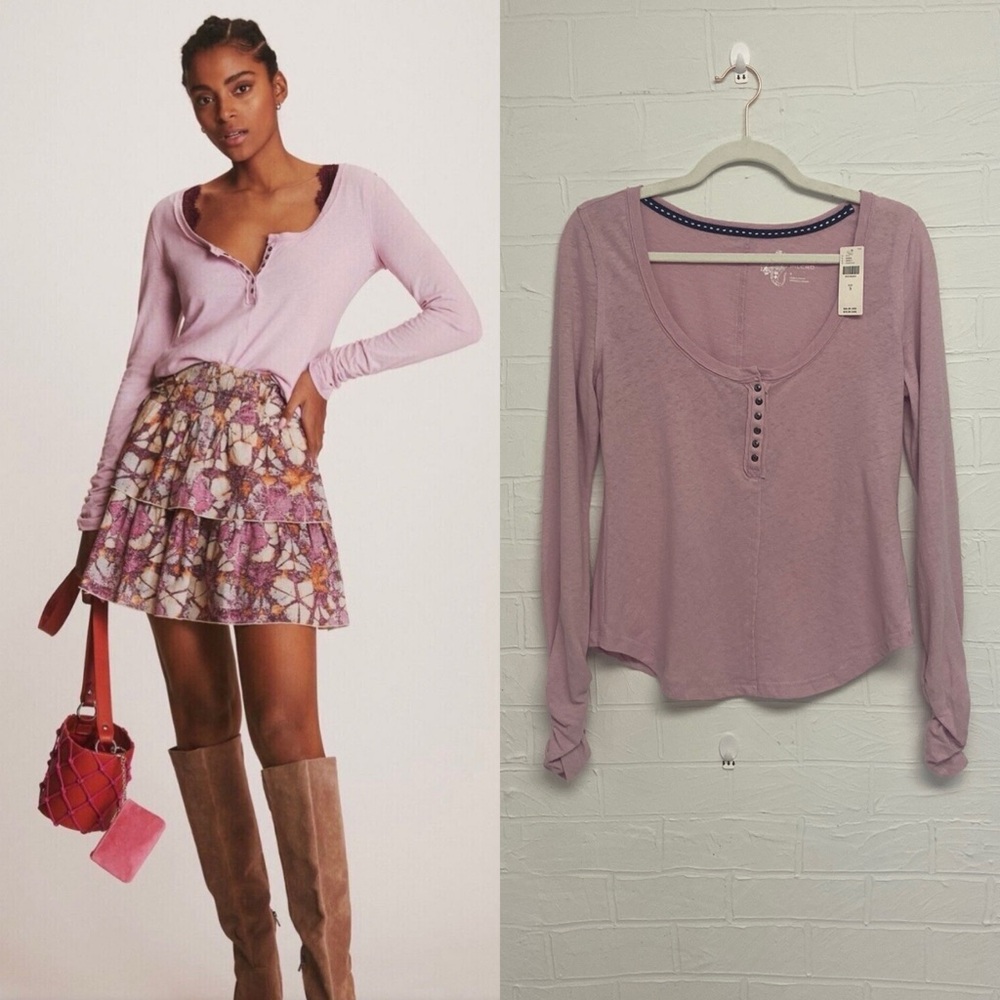 Anthropologie Long Sleeve Top, Size S, Pink button Tee, Pilcro, Scoop Neck